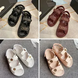 High quality women summer sandals Velcro metal buckle leather one word beach slipper casual shoelace packaging Size 35-42 with box and shopping bag