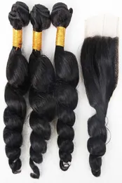 12A unprocessed cuticle aligned loose wave raw indian hair bundles and closure at whole for black women87776415613472