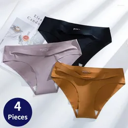 Calcinha feminina poblador 4 pçs/set moda sem costura roupa interior de seda mulheres multicol xxxl briefs cintura baixa lingerie feminina pantys