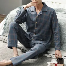 Homens sleepwear listrado algodão conjuntos de pijama para manga curta calças compridas pijama masculino homewear lounge wear roupas 240307