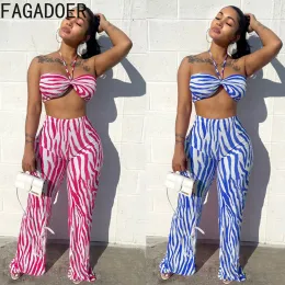 Suits Fagadoer Fashion Stripe Printing Two Piece Set Women Halter Sleeveless Crop Top and Pants Tracksuits Casual Matching Streetwear