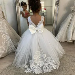 Branco vestidos de dama de honra meninas flor menina vestido de baile crianças festa de casamento pageant primeira comunhão grande arco sem mangas 240306