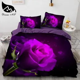 Dream NS Nowe zestawy pościeli 3D Reaktywne wydruku Purple Rose Flowers Wzór kołdry łóżko Juego de CaMa H0913232W