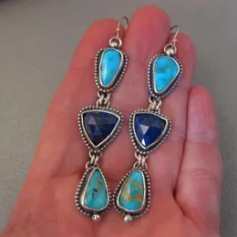 Vintage Metal Inlaid Green Stone Lapis Lazuli Earrings for Women Handstitched Long Hook 240305