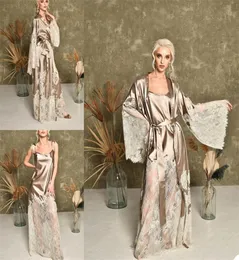 Two Pieces Champagne Bride Sleepwear Robes Pure Silk Lace Custom Made Long Sleeves Dressing Gown Women Chic Sleepwear Dresses9319878