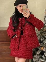 Temperament Vintage Elegante Tweed Koreanische Mantel Hüfte Mini Röcke Kleid Mode Aline Chic Kleidung Frauen 240226