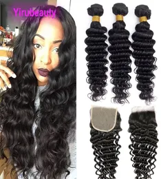 Brazylijskie przedłużenia Virgin Hair Extensons Deep Wave 5x5 Zamknięcie z 3 pakietami 4 Spitslot Zamknięcia trzy wiązki głębokie kręcone naturalne kolor3739918