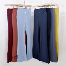 2024 LuYoga Pantaloni svasati Groove Summer Ladies Vita alta Slim Fit Pancia Pantaloni a zampa d'elefante Mostra Gambe Lunghe Yoga Fitness Net Rosso Moda Tinta unita Fitness Gamba 4THY