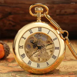 Pocket Watches Luxury Yellow Golden Bronze Case Skeleton Display Men Women Handwind Mechanical Watch Open Face Roman Numeral FOB Chain