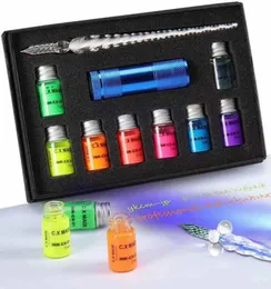 10 PCSBox Crystal Glass Pen med UV -lampa Invisible Fluorescence Inks Dip Pen Presta Stationery Skrivande Ritning Creative Supplies8413256