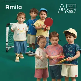 T-shirty Amila Girls T-shirt bawełniany sens porcelanowy bawełna 2022 Summer New Boys Baby Summer Dreyble Około szyi L240311