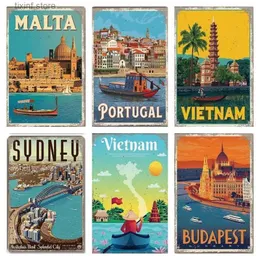 Metallmålning berömd stadslandskapsaffisch Metallskyltar Budapest Malta Sydney Tin Plate Retro Wall Art Decor for Living Room Home 8 x 12 tum T240309