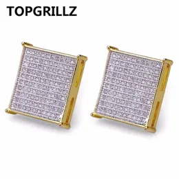 TOPGRILLZ Hip Hop Men's Bling Jewelry Earring Gold Color Iced Out Micro Pave Cubic Zircon Lab D Stud Earrings With Screw Back245R
