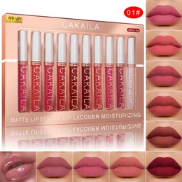 Cakaila 25g x 10pcs batom líquido fosco de longa duração brilho labial copo antiaderente conjunto de gloss labial em 2 edições 1612595