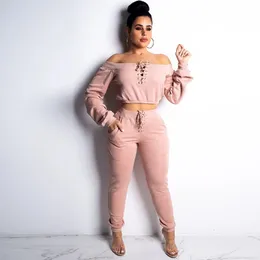 Sexy Club TWO PIECE SET Women Crop Top Cross Lace Up Long Sleeve Twin Suit Off Shoulder Sweatshirt Outfits Streetwear Tracksuit 240309