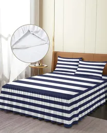 Sängkjol Navy Blue White Stripes Elastic Fitted Bed Strid med Pillow Cases Protector Madrass Cover Bedding Set Sheet