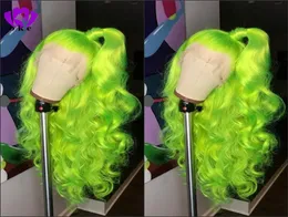 Natural longo onda do corpo parte maçã peruca verde de alta densidade sem cola perucas dianteiras do laço sintético para mulheres festa maquiagem cosplay7877404