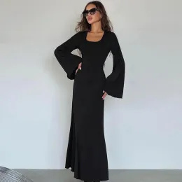 Vestido siyu sexy unneck rendas com nervuras maxi vestido feminino manga longa moda magro vestido solto outono 2023 sólido vestido feminino novo