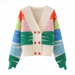 Arco-íris listrado camisola de malha cardigan feminino duplo breasted com decote em v jaqueta casaco outono inverno solto elegante topo df4946 240228