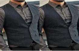 2019 Dark Gray Wool Hingringbone Tweed Vests Custom Mens Mens Suit Vest Slim Groom Vests Vintage Wedding Stest بالإضافة إلى حجم British Wai3291358