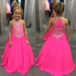 Lovely Fuchsia Beaded Crystals Girls Pageant Dresses A Line Halter Neck Kids Celebrity Evening Prom Party Gowns Custom Made BA7601