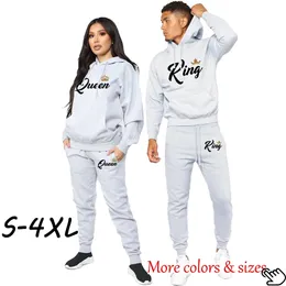 Couple Sportwear Fashion Set KING QUEEN Printed Lover Hooded Suits Hoodie and Pants 2pcs Set Streetwear Men Women Clothing 240301