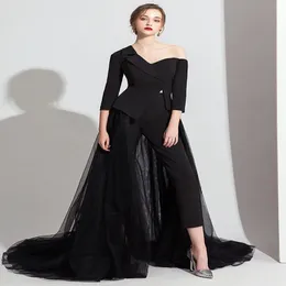 Abiti da sera eleganti Tuta lunga nera bianca Tuta lunga Pantalone manica lunga Abito formale con scollo a V Tute Dubai Prom Gown2175