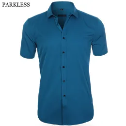 Vestidos masculinos elásticos de fibra de bambu camisas de marca camisa de manga curta masculina casual negócios camisa de manga longa não ferro masculina