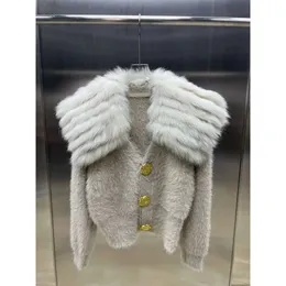 2023 New Winter Fox Hair Car Stripe Wool Collar Cotton Cashmere Sweater Cardigan Fur Coat Women 481032