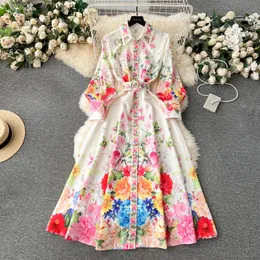Casual Dresses Fashion Runway Flower Holiday Dress Women's Lapel Long Lantern Sleeve Single Breasted Floral Print Belt Party Vestidos 2024