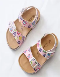 Musim Panas Gadis Sandal Printing Pu Kulit Gabus Terbuka Toe Slide Flat mit Kecil Sepatu bis Sekolah 212 Tahun Balita 2206111819276