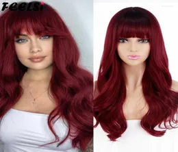 شعر مستعار اصطناعي Leenii Long Povy Hairstyle Ombre Wine Red Wig with bangs for Women Cosplay Lolita High Deerge Fiber Kend22759309