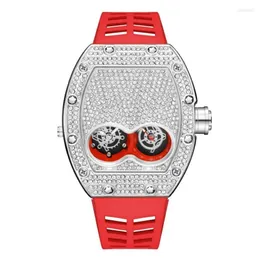 Armbandsur Pintime Original Luxury Full Diamond Iced Out Watch Bling-Ed Rose Gold Case Red Silicone Strap Quartz Clock för Men275p