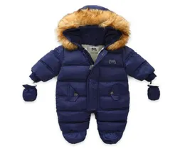 Winter Infant Baby Boy Girl Rompers Plush Fur Collar Hooded Zipper Solid Jumpsuit Coats Thick Warm Outwear with Gloves1018667