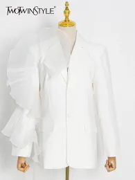 Jackets Twotwinstyle White Ruffle Trim Blazer for Women Notched Collar Long Sleeve Solid Minimalist Blazers Femal Fashion Clothing New
