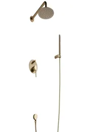 Badezimmer-Duschset aus gebürstetem Gold aus massivem Messing, Rianfall-Kopfbrause, Wasserhahn, Wandmontage-Duschset 5987465