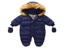 Winter Infant Baby Boy Girl Rompers Plush Fur Collar Hooded Zipper Solid Jumpsuit Coats Thick Warm Outwear with Gloves3829836