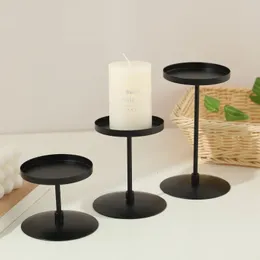 European Vintage Tray Candlestick Matte Disc Black Metal Iron Ornament Wedding Decorations Candle Holders 240304