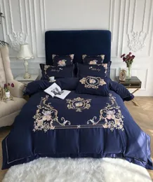 Royal Blue Elegant Embroidery 60s Satin Washed Silk Bedbling Set Cotton Däcke Cover Bed Linen Fitted Sheet Pillow Cases Bedclothes B5060643