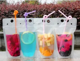 500ml Clear Drink Pouches Bags Frosted Zipper Standup Plastic Drinking Bag with Colorful Straw with Holder Reclosable HeatProof 1389266