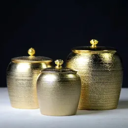 الإبداع Golden Tea Caddy Plating Ceramic Storage Tank Kitchen Food Pot Wealed Jewelry Netclace Netclace Decore 240307