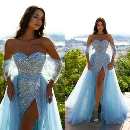 Light Sky Blue Split Mermaid Prom Dresses With Detachable Train Off Shoulder Beading Women Formal Evening Party Pageant Gowns YD