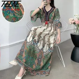 Klä dig långa klädkvinnor indiska kläder bohemiska koreanska broderier blommor bomullslinne maxi tryck avslappnad vintage vestidos mantel