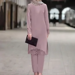 Ternos islâmicos conjunto de calças para mulheres vestido abaya muçulmano moda oco sólido manga longa árabe dubai eid mubarak senhoras kaftan