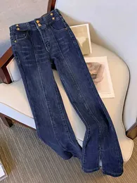 Damenjeans 2023 Hohe Taille mit mehreren Metallknöpfen und Flammen-Damenhosen, modische, ultradünne und einzigartige Denim-Hose, neue koreanische, locker sitzende Kleidung J240306