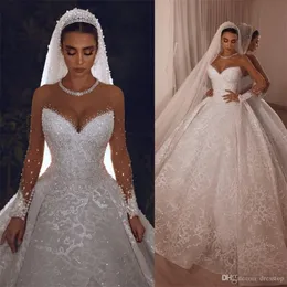 Arabic Vintage Wedding Dresses Crystals Sheer Long Sleeve Lace Beaded Ball Gown vestido de novia Bridal Dress205l