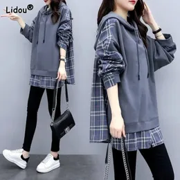 Solto streetwear grosso xadrez emendado sweatshirts duas peças falsas pullovers com capuz midlength manga longa selvagem roupas das mulheres 240309