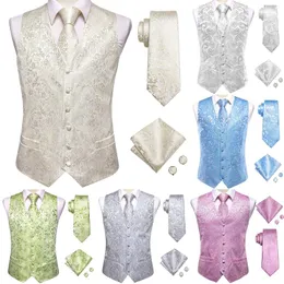 Men's Vests Sky Blue Silver Pink Mint Silk Mens Waistcoat Tie Set Sleeveless Jacket Vest Necktie Hanky Cufflink Wedding Business Oversized