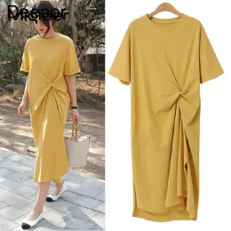 Dress Deenor Women Fashion Draped Dress Vintage Short Sleeve Female Dresses Relaxed Casual Dress Large Long Tshirt Skirt