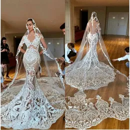 Stunningbride 2024 lindo sereia vestidos de casamento sem mangas v pescoço rendas vestidos de noiva botão coberto de volta plus size saudita árabe dubai vestido de noiva yd
